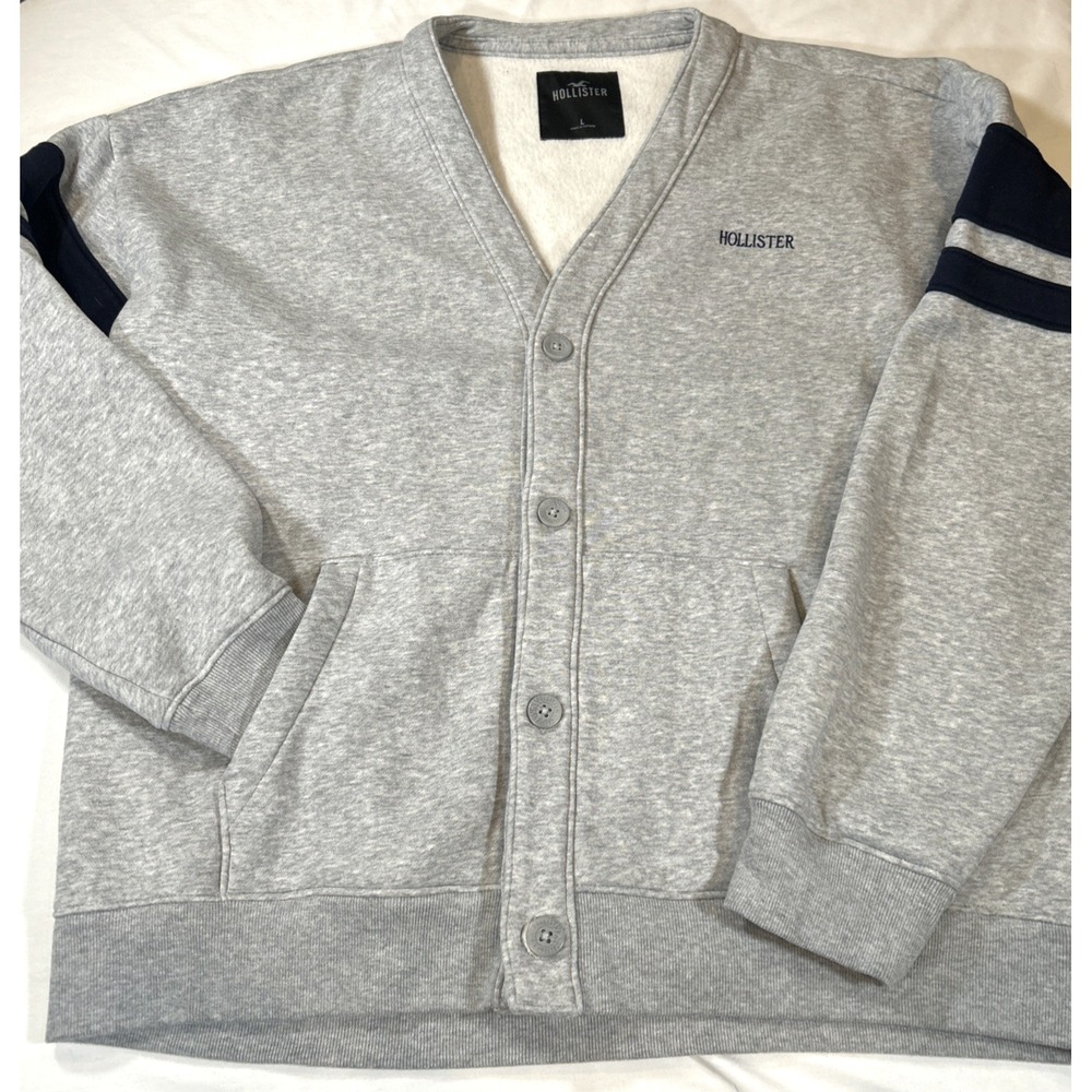 Hollister Mens L Blue/Gray Button Up Sweatshirt Logo Cardigan Jacket Y2K Layer - Picture 4 of 9